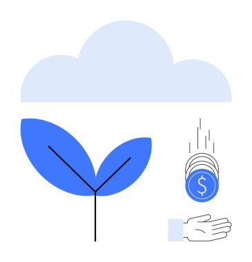 Bulutların altında mavi filizlenen bitki, bozuk para tutan el. Sürdürülebilirlik, yeşil yatırım, teknoloji, tasarruf, eko-ticaret, finansal büyüme, basit iniş sayfası için ideal