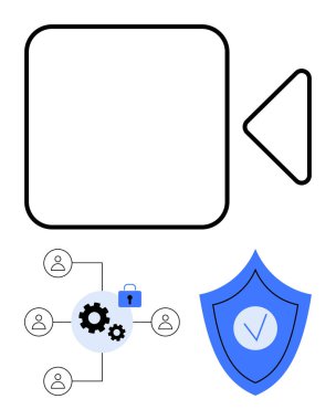 Video simgesi, kilitli teçhizatlı ağ diyagramı, doğrulama kalkanı. Video konferansı, siber güvenlik, güvenli veri paylaşımı, dijital mahremiyet, takım çalışması, bilişim sistemleri basit iniş sayfası için ideal