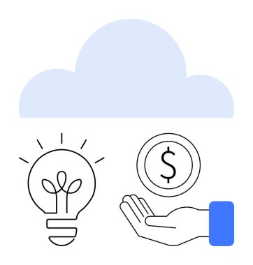 Bulut grafiği, fikirleri ve yeniliği simgeleyen ampullü, maddi kazancı simgeleyen madeni para. Teknoloji, finans, girişimcilik, girişimcilik, girişimcilik, bulut hesaplama, iş büyümesi için ideal