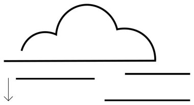 Yatay çizgileri olan bulut grafiği ve aşağı doğru ok sunuculuğu, veri paylaşımını veya yüklemeyi sembolize ediyor. Bulut depolama, hesaplama, internet, yedekleme, transfer, iletişim ve tema yükleme için ideal