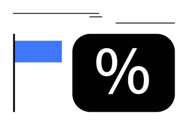 Temiz çizgiler ve parlak mavi bayrağın yanında yüzde işareti olan koyu siyah bir kare. Finans, indirim, veri, satış, pazarlama, tasarım, basitlik için idealdir. Düz basit metafor