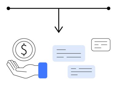 Uzatılmış el sikkesi, okla hiyerarşi çizgisi, metin blokları. Finans, bütçe planlaması, yatırım, nakit akışı, kaynak tahsisi, karar veren basit iniş sayfası için ideal