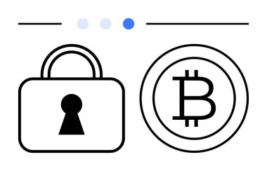 Asma kilit ve Bitcoin sembolü, güvenli kripto para işlemleri, engelleme teknolojisi ve dijital ekonomiyi temsil ediyor. Finans, teknoloji, güvenlik, şifreleme ve yatırım için ideal
