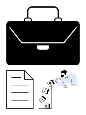 Siyah bavul, çizgili belge, RISK damgalı engeller sorumluluk, organizasyon ve zorlukları simgeliyor. İş, strateji, karar verme, risk yönetimi için ideal