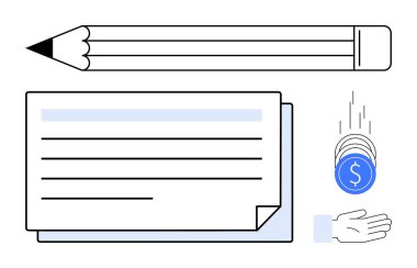 Kalem, dolgulu kağıt notlar, dolar işaretli bozuk paralar, ve el, bütçe, planlama, para yönetimi, muhasebe, finansal strateji, kişisel finans sade iniş sayfasını işaret eder.