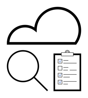 Bulut simgesi, büyüteç ve veri depolama, arama ve görev yönetimini simgeleyen işaretli kontrol listesi. Teknoloji, verimlilik, veri analizi, organizasyon bulut hesaplama araştırması için ideal