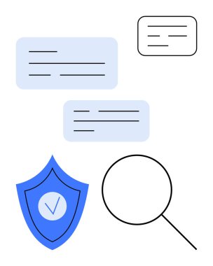 Güvenlik işaretli kalkan, büyüteç ve mesaj kutuları veri güvenliğini, gizlilik, arama, analitik, uyum, teknoloji ve iletişimi temsil ediyor. Teknoloji afişleri için ideal