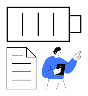 Tablet tutan ve işaret eden kişi, kağıt dökümanlı düşük pil. Enerji yönetimi, tükenme, üretkenlik, iş yükü, dijital araçlar, iletişim için ideal düz metafor