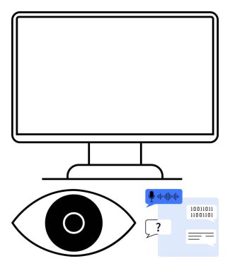 Bilgisayar monitörü, göz grafiği, konuşma baloncukları, ikili kod ve ses simgesi. Teknoloji, izleme, iletişim, veri analizi için ideal yapay zeka dijital gizlilik basit iniş sayfası