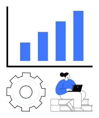 Büyüme eğilimini gösteren çubuk grafik, optimizasyonu sembolize eden vites, dizüstü bilgisayarlı kadın. Eğitim, iş dünyası, analitik, yenilik, araştırma, üretkenlik için ideal basit iniş sayfası