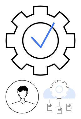 Görev tamamlamayı, otomasyonu, takım çalışmasını, belge paylaşımını, sistem entegrasyonunu veya dijital iş akışını sembolize eden belgelerle işaretli, profil simgesi ve bulut yapılandırmalı bir dişli. Teknoloji için ideal