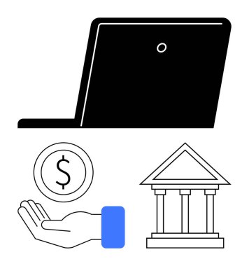 Dizüstü bilgisayar, el ele tutuşan dolar işareti ve klasik banka binası finansal işlemleri, dijital bankacılığı ve ekonomik hizmetleri simgeliyor. E-ticaret, fintech, tasarruf yönetimi için ideal