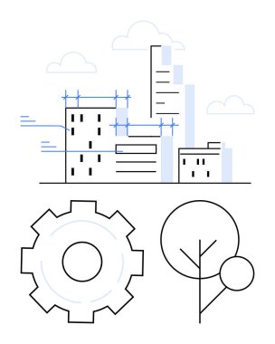 Binalarla şehir manzarası, teknolojiyi sembolize eden teçhizat ve sürdürülebilirliği temsil eden ağaç. Kentsel planlama, teknoloji, yenilik, sürdürülebilirlik, çevre, mimari için ideal basit