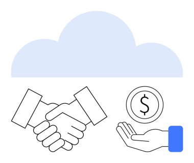 Tokalaşma, bulutların altında ortaklığı simgeliyor. Para karşılığında para teklif ediyor. İş birliği, bulut teknolojisi, anlaşma yapma, takım çalışması, finans hizmetleri, dijital