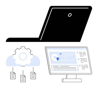 Masaüstü monitöründe bulut bağlantılı dosyalar, dişli simgesi ve analizli dizüstü bilgisayar. Bulut hesaplama, veri işleme, dijital depolama, üretkenlik, teknoloji iş akışı, analitik düz metafor için ideal