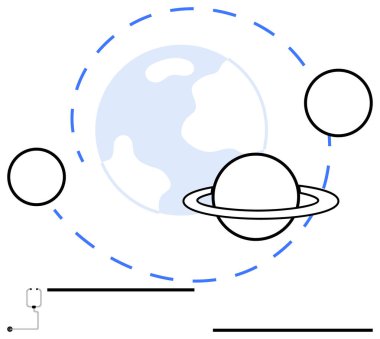 Dünya, yörüngedeki gezegenler ve soyut olarak tasvir edilen uydu düğümleri. Uzay keşfi, bilim, teknoloji, eğitim, astronomi fütüristik görüş bağlantısı için idealdir. Düz basit metafor