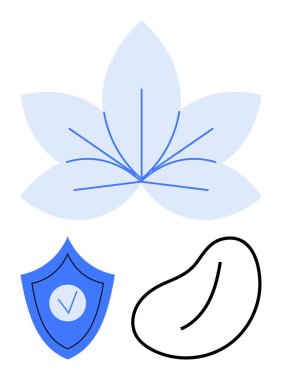 Mavi yaprak tasarımı, işaretli koruyucu kalkan ve fasulye unsuru. Sağlık, doğa bakımı, organik tarım, sağlık güvenliği, çevre dostu markalaşma, çevre eğitimi için idealdir.