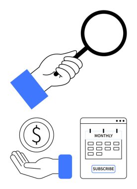 El ele tutuşan büyüteç, dolar sembollü uzatılmış avuç içi ve aylık abonelik takvimi. Finans, pazarlama, planlama, analiz, bütçe hesaplama, basit iniş sayfaları için ideal