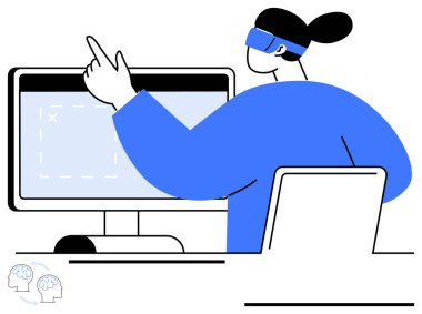 Etkileşim için masaüstü monitöründeki dizayn arayüzünde AR gözlüğü takan kişi. Teknoloji, yenilik, tasarım, kullanıcı arayüzü, artırılmış gerçeklik, işbirliği, simülasyon için ideal