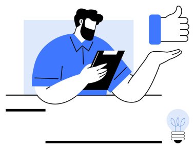 Pano okuma notları olan bir adam, fikirler için baş parmak ikonu ve ampulle el hareketi yapan bir adam. Üretkenlik, geri bildirim, beyin fırtınası, yaratıcılık, takım çalışması, değerlendirme için ideal