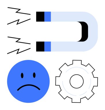 Elektrikli at nalı mıknatısı, üzgün mavi yüz ve beyaz dişli. Basit bir iniş sayfasında enerji, fizik, çekim, duygu, problem çözme, sistem akışı ve teknoloji kavramları için idealdir.