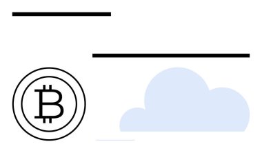 Bulutun yanında Bitcoin para çizimi, kripto para birimini, dijital depolamayı ve bağlantıyı sembolize ediyor. Engelleme zinciri, ademi merkeziyet, fintech, yenilik, bulut hizmetleri çevrimiçi ekonomi için ideal