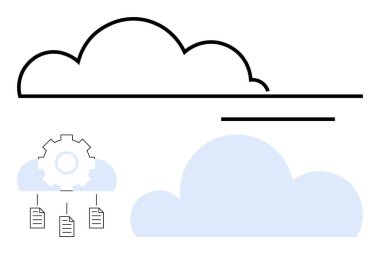 Çark, doküman ve ağ çizgileriyle soyut bulut ana hatları. Teknoloji, veri depolama, dijital dönüşüm, iş akışı, yazılım otomasyonu bağlantısı için ideal. Düz basit metafor