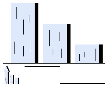 Aşağı inen yükseklikte üç bloklu bar tablosu, büyüyen küçük ok yığınları, eğilim analizini vurguluyor. Veri karşılaştırması, mali büyüme, iş raporu, eğitim, bilgi grafikleri için ideal