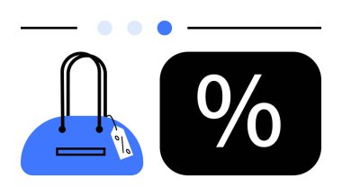 Üzerinde fiyat etiketi olan mavi bir çanta, üzerinde yüzde işareti olan siyah bir dikdörtgen. Alışveriş, satış, indirim, moda, e-ticaret, pazarlama perakende için ideal. Asgari düz metafor