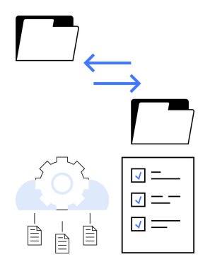 Dizin simgeleri çift yönlü oklar, belge akışı ile bulut dişlisi ve tamamlanmış kontrol listesi ile bağlandı. Bulut depolama, eşzamanlama, görev yönetimi, veri alışverişi, işlem otomasyonu için ideal