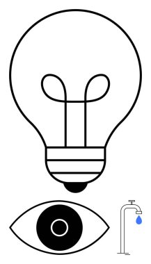Fikirleri sembolize eden ampul, görüşü temsil eden göz ve sürdürülebilirliği gösteren damlacıkla musluk. Yaratıcılık için ideal, yenilik, ilham, eko-farkındalık, bilim, eğitim için basit