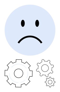 Değişik boyutlarda üç mekanik vitesli mavi üzgün yüz verimsizliği, güçlüğü, problem çözmeyi, verimlilik sorunlarını, yenilik sorunlarını, duygusal durumu temsil ediyor. Teknik için ideal