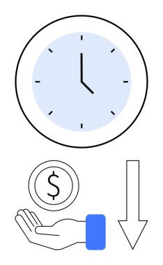 Saat, el ele para, ve aşağı doğru ok mali tasarrufu, maliyet azaltmayı ve zaman verimliliğini simgeliyor. Zaman yönetimi, finans, üretkenlik, bütçe azaltma için ideal