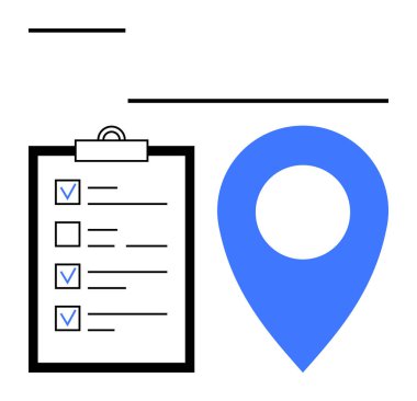 Görev tamamlama, organizasyon ve konum entegrasyonunu temsil eden kontrol listesi ve mavi harita pimi olan pano. Üretim, planlama, proje yönetimi, işlemler, lojistik için ideal