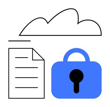 Bulut depolama simgesi, basitleştirilmiş kağıt belge ve güvenliği sembolize eden mavi kilit. Veri koruması, gizlilik, bulut teknolojisi, çevrimiçi güvenlik, bilişim altyapısı, güvenli depolama, dijital