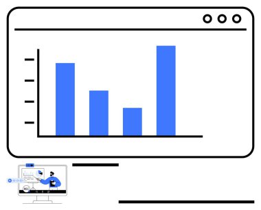 Veri, takım çalışması ve dijital araçları temsil eden minimal simgelerle bir web arayüzünde çubuk grafiği. Analiz, takım çalışması, dijital dönüşüm, sunum, teknoloji, araştırma için ideal