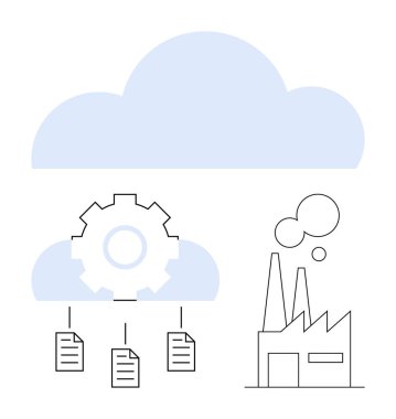 Fabrika ve belgelere bağlı, akıllı endüstriyel çözümleri temsil eden vites simgesine sahip bulut. Teknoloji, bulut depolama, IOT, dijital dönüşüm, veri analizi, otomasyon, düz
