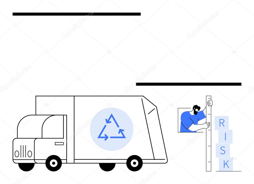 Recycling truck with an eco logo parked near a utility pole. Worker balances risk blocks. Ideal for recycling, environmental responsibility, workplace safety, energy efficiency, sustainable