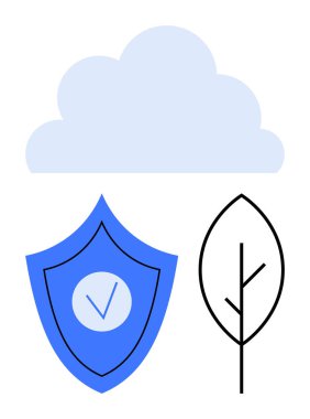 Kontrol işaretli ve minimalist yaprağı olan bir kalkanın üzerinde bulut. Veri koruması, ekoloji, bulut hesaplama, sürdürülebilirlik, eko-teknoloji, güvenlik, çevre, basit iniş sayfası için ideal