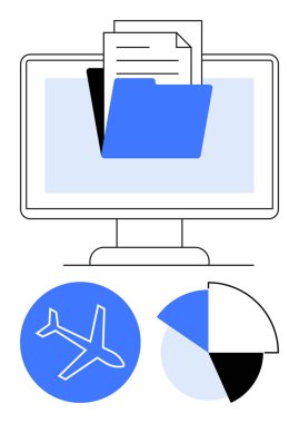Bir klasör, belgeler, uçak simgesi ve pasta grafiği olan bilgisayar ekranı. Seyahat planlama, veri analizi, dijital organizasyon, işletme, lojistik, proje yönetimi dairesi için ideal