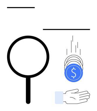 Büyüteç analizi vurgular, madeni paralar mali işlemleri gösterir, el para almayı sembolize eder. Finans, iş analizi, tasarruf, bağış, zenginlik yönetimi ve bütçe yönetimi için ideal