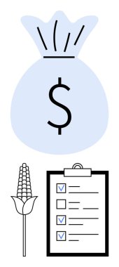 Finansmanı simgeleyen para çantası, tarımı temsil eden mısır, ve yapılandırılmış planlama için bir kontrol listesi. Çiftçilik, tarım sektörü, bütçe, finans, yatırım, organizasyon için ideal