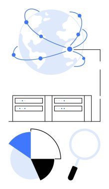 Ağ düğümlerine bağlı dünya küresi, sunucu rafları, pasta grafiği, büyüteç. Teknoloji, veri analizi, bulut hesaplaması, büyük veri, küresel bağlantı sunucu yönetimi araştırması için ideal