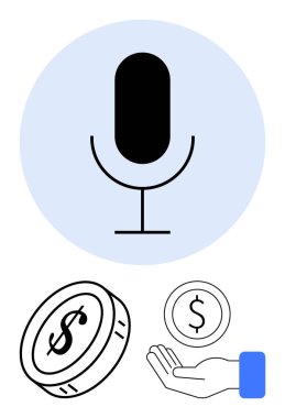 Mikrofon ses içeriğini, madeni para ve el kullanımını ve maddi desteği sembolize ediyor. Podcast, canlı yayın, kitle fonlama, finans, serbest ticaret, basit