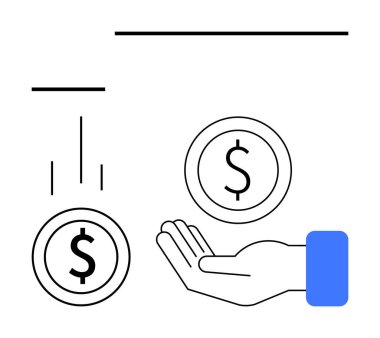 Düşen madeni paraların altında dolar işaretleriyle uzanan el gelir, ödül veya finansal yardımı sembolize eder. Finans, iş, maaş, zenginlik yönetimi için ideal, kitle fonlama tasarrufları basit iniş sayfası