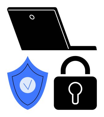 Laptop, işaretli mavi kalkan ve asma kilit siber güvenliği, veri korumasını, mahremiyeti, güvenli teknolojiyi ve çevrimiçi güvenliği gösteriyor. Teknoloji blogları, bilgi grafikleri ve eğitim farkındalığı için ideal