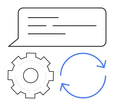 İşlem döngüsü için dişli sembolü, dairesel oklar ve etkileşim ima eden sohbet baloncuğu. Otomasyon, iletişim, iş akışı, sistem entegrasyonu, teknoloji, sorun çözen basit iniş için ideal