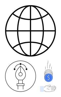 Küresel ulaşım için küresel simge, grafik tasarım yaratıcılığı için kalem aracı, madeni paralar ve finansal işlemler için el. Teknoloji, iş büyümesi, finans, yaratıcılık, küresel ticaret, kullanıcı için ideal