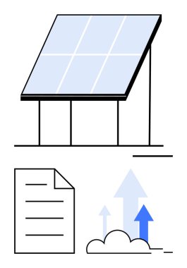 Temiz enerji üreten güneş paneli, veri yönetimini sembolize eden belgeler, büyüme ve verimliliği temsil eden yukarı doğru oklar. Sürdürülebilirlik, güneş enerjisi, enerji büyümesi, yenilik ve veri için ideal