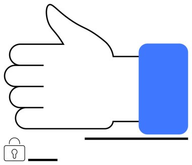 Küçük bir asma kilit ikonu eşliğinde, mavi kollu baş parmak hareketi gösteren bir el. Güvenlik, onay, güven, rıza, güvenlik, güvenilirlik, başarı ve basit iniş sayfası için ideal